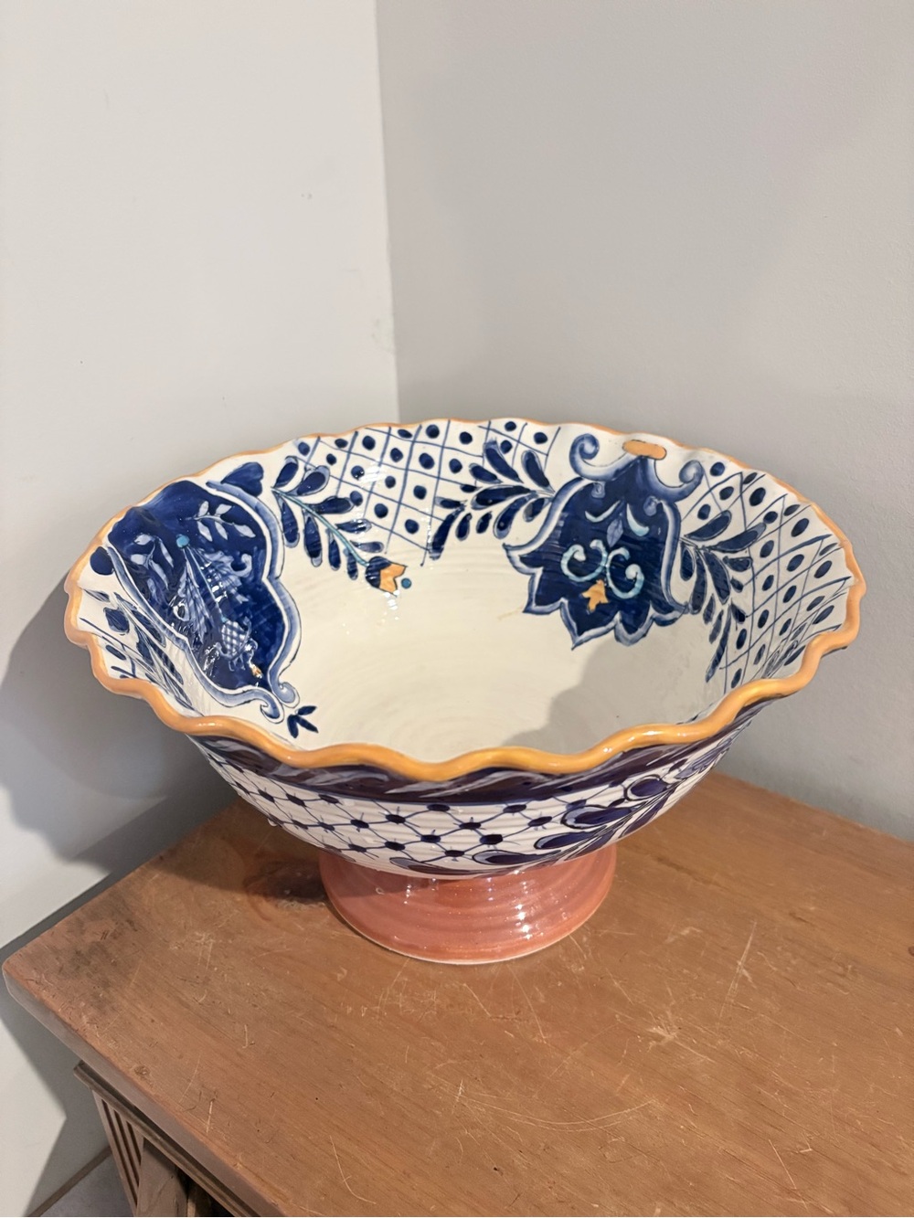 Terra Nova Hand-Painted Blue and Cream Ceramic Pedestal Bowl